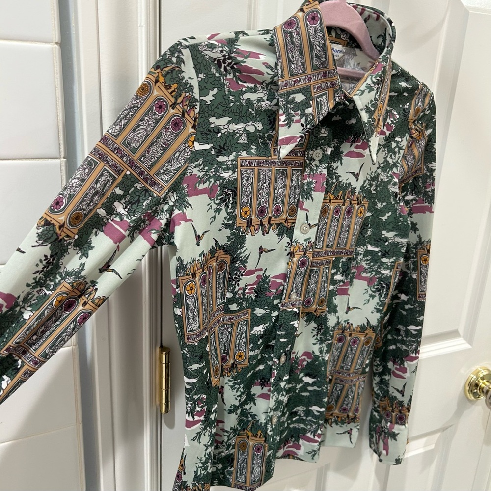Vtg 70s Ship ’n Shore Bird & Garden Print Dagger Collar Button Up Shirt - M Poly - Picture 5 of 15